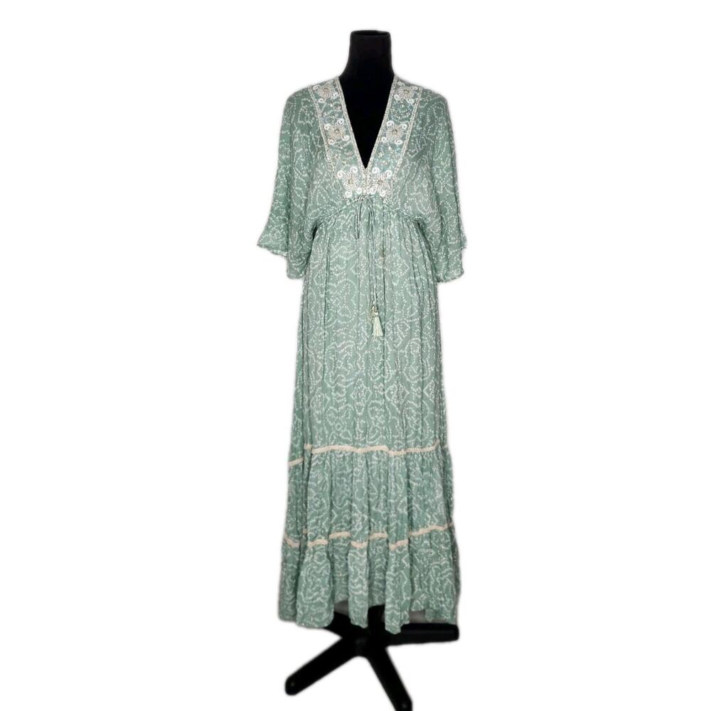 Zury Boho Maxi Dress Sage Green Gold Sequin Embroidered Tassel Tiered OS